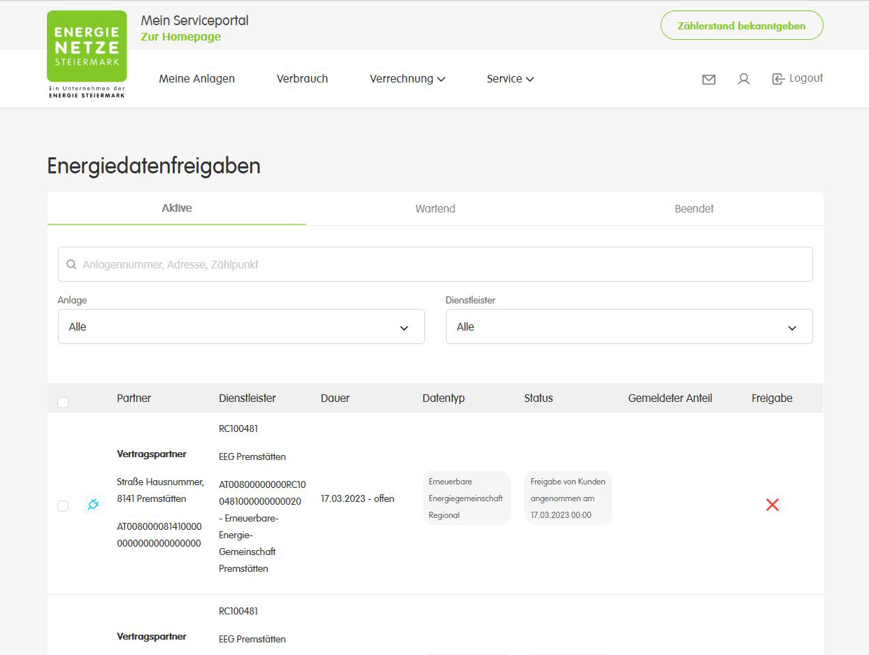 Energienetze Steiermark Serviceportal > Service > Energiedatenfreigabe > Aktive