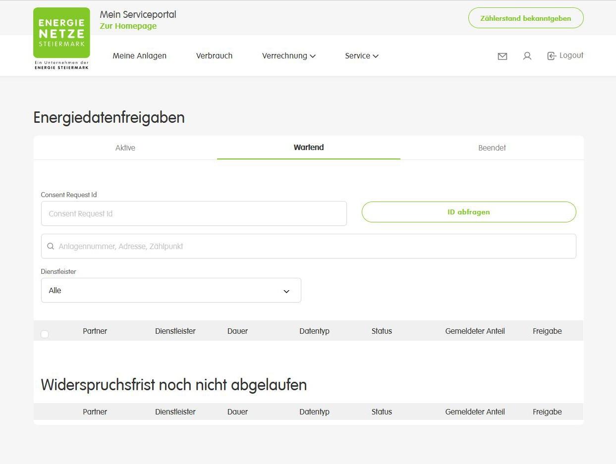 Energienetze Steiermark Serviceportal > Service > Energiedatenfreigabe > Wartend